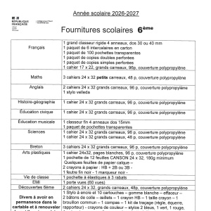 Fournitures 6è