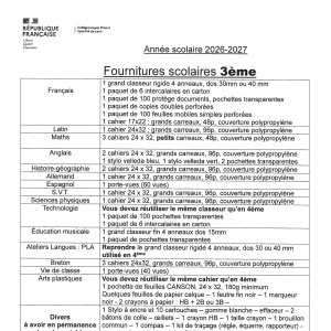 Fournitures 3è