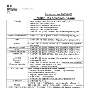 Fournitures 5è